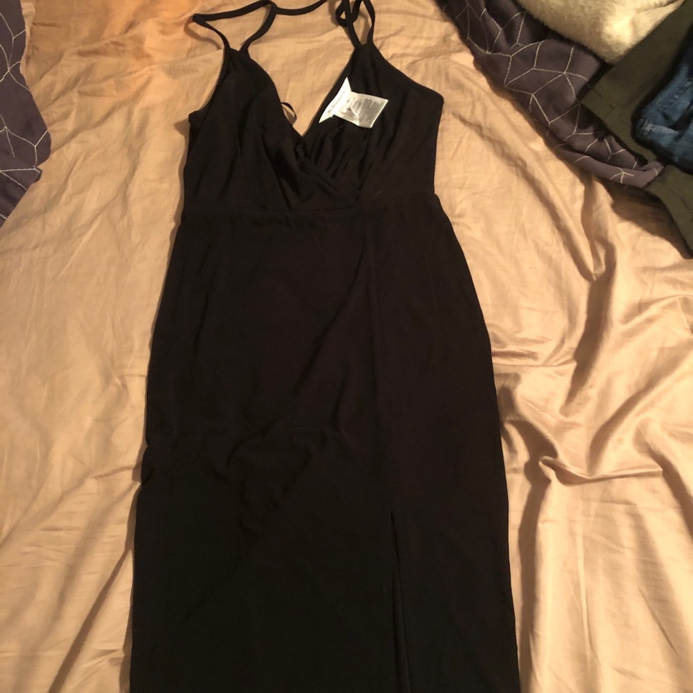 BCBGeneration black faux wrap dress with high slit